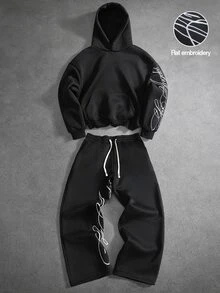 PAVTROS Men's Young Street Casual Sports Embroidered Hoodie Sweatshirt & Sweatpants Set, Gym - Black - View 3