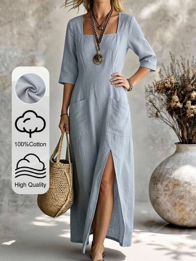 Ceyna Vestido Longo Casual Ocidental de Linho Azul Acinzentado com Decote Quadrado, Manga 3/4, Bolso e Fenda na Barra, Moda Nova Plus Size para Mulheres, Outono, Formal, para Sair