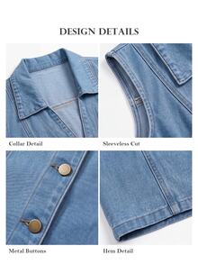 ELLERISSA Gaun Midi Denim Tanpa Lengan Berkerah Leher V Kancing Depan Warna Terang Ukuran Plus - Light Wash - View 8