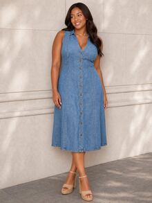 ELLERISSA Gaun Midi Denim Tanpa Lengan Berkerah Leher V Kancing Depan Warna Terang Ukuran Plus - Light Wash - View 4