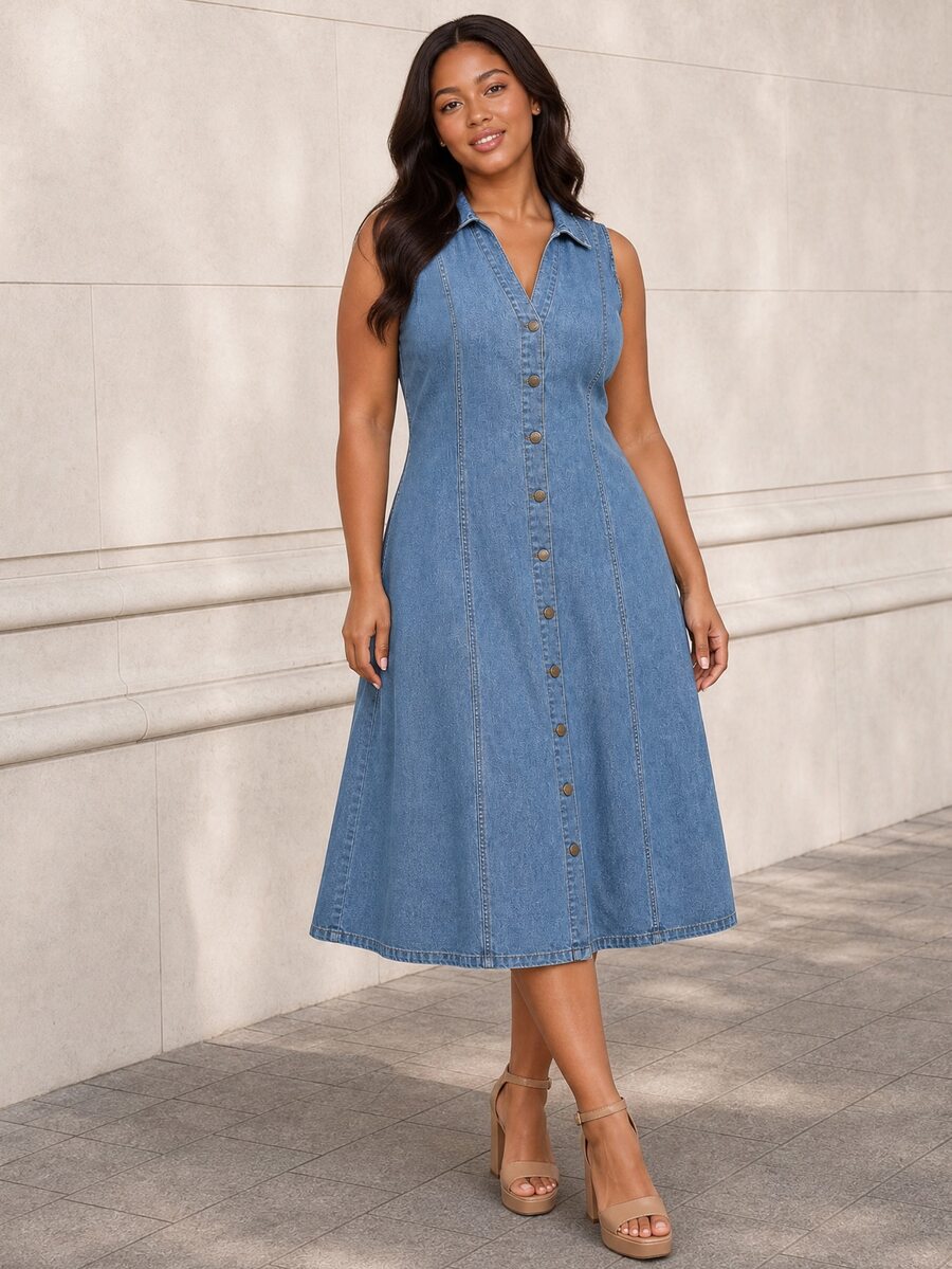 ELLERISSA Gaun Midi Denim Tanpa Lengan Berkerah Leher V Kancing Depan Warna Terang Ukuran Plus - Light Wash - View 1