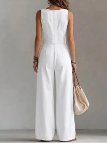 Balvessa Women's Button Front Cargo Pocket Casual Sleeveless Denim Jumpsuit - White - View 2