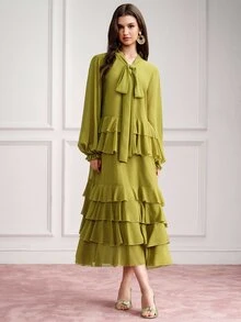 BELROSIE Women's Mid-Length Dress With Bow Collar, Lantern Sleeves, Multi-Layer Ruffle Hem, Matching Lining, Draped Slimming Fit - Olive Green - View 7