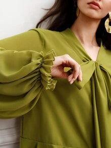 BELROSIE Women's Mid-Length Dress With Bow Collar, Lantern Sleeves, Multi-Layer Ruffle Hem, Matching Lining, Draped Slimming Fit - Olive Green - View 4