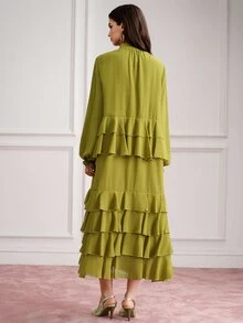 BELROSIE Women's Mid-Length Dress With Bow Collar, Lantern Sleeves, Multi-Layer Ruffle Hem, Matching Lining, Draped Slimming Fit - Olive Green - View 2