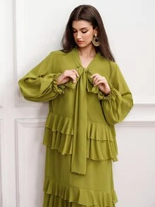 BELROSIE Women's Mid-Length Dress With Bow Collar, Lantern Sleeves, Multi-Layer Ruffle Hem, Matching Lining, Draped Slimming Fit - Olive Green - View 6
