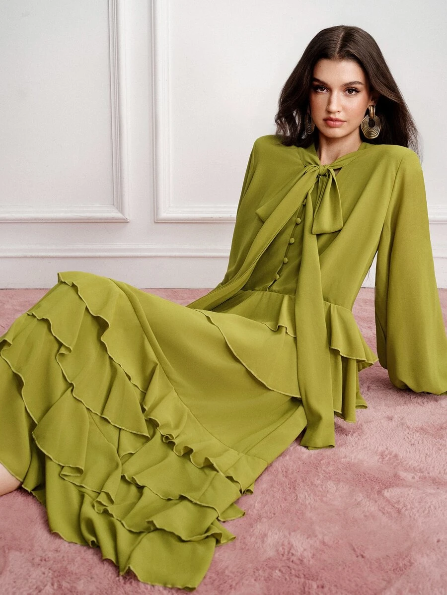 BELROSIE Women's Mid-Length Dress With Bow Collar, Lantern Sleeves, Multi-Layer Ruffle Hem, Matching Lining, Draped Slimming Fit - Olive Green - View 1