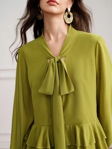 BELROSIE Women's Mid-Length Dress With Bow Collar, Lantern Sleeves, Multi-Layer Ruffle Hem, Matching Lining, Draped Slimming Fit - Olive Green - View 5