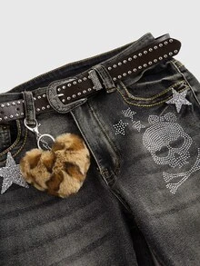ROMWE J-Fashion Women's Y2K Gyaru Harajuku Girl Rhinestone Skull & Star Pattern Sexy Flared Low Waist Jeans (With Belt) - Dark Grey - View 4