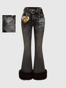 ROMWE J-Fashion Women's Y2K Gyaru Harajuku Girl Rhinestone Skull & Star Pattern Sexy Flared Low Waist Jeans (With Belt) - Dark Grey - View 1