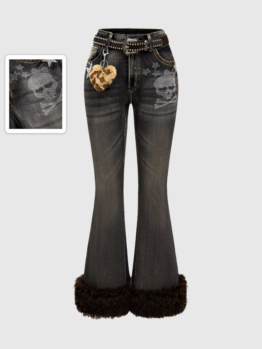 ROMWE J-Fashion Women's Y2K Gyaru Harajuku Girl Rhinestone Skull & Star Pattern Sexy Flared Low Waist Jeans (With Belt) - Dark Grey - View 1