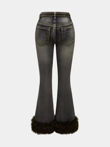 ROMWE J-Fashion Women's Y2K Gyaru Harajuku Girl Rhinestone Skull & Star Pattern Sexy Flared Low Waist Jeans (With Belt) - Dark Grey - View 2