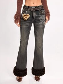 ROMWE J-Fashion Women's Y2K Gyaru Harajuku Girl Rhinestone Skull & Star Pattern Sexy Flared Low Waist Jeans (With Belt) - Dark Grey - View 3