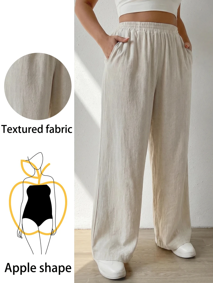 SHEIN PETITE CURVE Plus Size Women's Solid Color Slanted Pocket Linen Wide Leg Pants - Apricot - View 1
