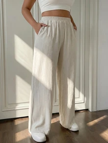 SHEIN PETITE CURVE Plus Size Women's Solid Color Slanted Pocket Linen Wide Leg Pants - Apricot - View 5
