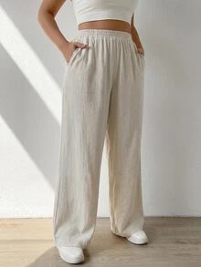 SHEIN PETITE CURVE Plus Size Women's Solid Color Slanted Pocket Linen Wide Leg Pants - Apricot - View 6