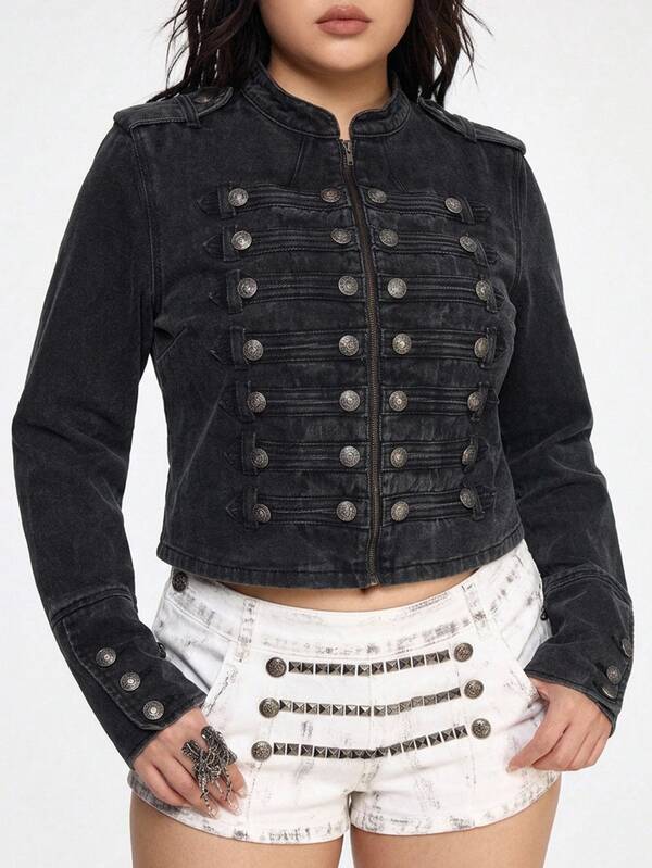 ROMWE Nautical Punk Vintage Metal Buckle Distressed Washed Denim Thin Jacket