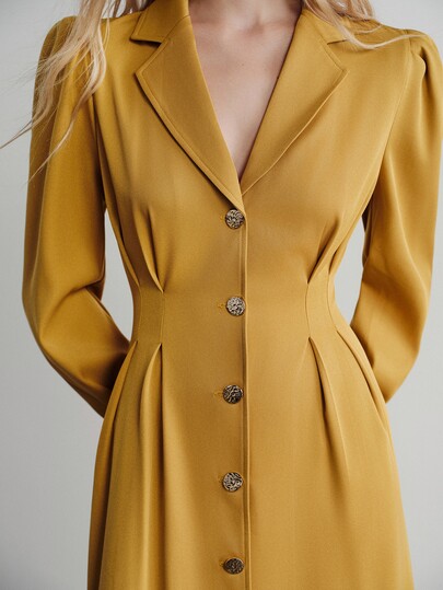 Aveloria Modichic Gaun Panjang Wanita Elegan Model Flare dengan Garis Diagonal Warna Polos, Kerah, dan Potongan Pinggang yang Mengencangkan, Cocok untuk Acara Komuter, Brunch, dan Pesta Teh, Warna Kuning Mustard, Model Terbaru untuk Musim Gugur/Dingin.