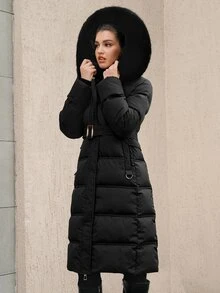 Anewsta 女士休闲纯色毛领连帽棉服外套，冬季 - 黑色 - 查看 1