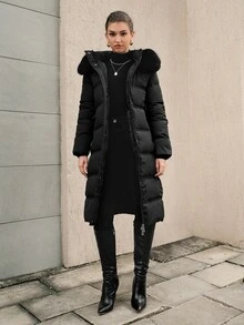 Anewsta 女士休闲纯色毛领连帽棉服外套，冬季 - 黑色 - 查看 6