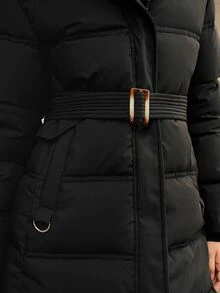 Anewsta 女士休闲纯色毛领连帽棉服外套，冬季 - 黑色 - 查看 5