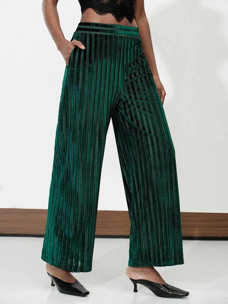 Aveloria Modichic Green Stripe Thread Wide Ribbed Velvet Draped Wide Leg Pants, Elastic High Waist Vertical Shiny Straight Leg Long 70's Elegant Party Night Autumn - Multicolor - View 1