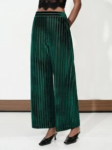Aveloria Modichic Green Stripe Thread Wide Ribbed Velvet Draped Wide Leg Pants, Elastic High Waist Vertical Shiny Straight Leg Long 70's Elegant Party Night Autumn - Multicolor - View 4