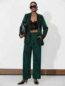 Aveloria Modichic Green Stripe Thread Wide Ribbed Velvet Draped Wide Leg Pants, Elastic High Waist Vertical Shiny Straight Leg Long 70's Elegant Party Night Autumn - Multicolor - View 7