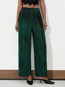 Aveloria Modichic Green Stripe Thread Wide Ribbed Velvet Draped Wide Leg Pants, Elastic High Waist Vertical Shiny Straight Leg Long 70's Elegant Party Night Autumn - Multicolor - View 5