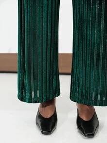 Aveloria Modichic Green Stripe Thread Wide Ribbed Velvet Draped Wide Leg Pants, Elastic High Waist Vertical Shiny Straight Leg Long 70's Elegant Party Night Autumn - Multicolor - View 6
