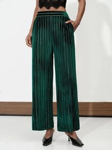 Aveloria Modichic Green Stripe Thread Wide Ribbed Velvet Draped Wide Leg Pants, Elastic High Waist Vertical Shiny Straight Leg Long 70's Elegant Party Night Autumn - Multicolor - View 3