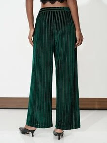 Aveloria Modichic Green Stripe Thread Wide Ribbed Velvet Draped Wide Leg Pants, Elastic High Waist Vertical Shiny Straight Leg Long 70's Elegant Party Night Autumn - Multicolor - View 2