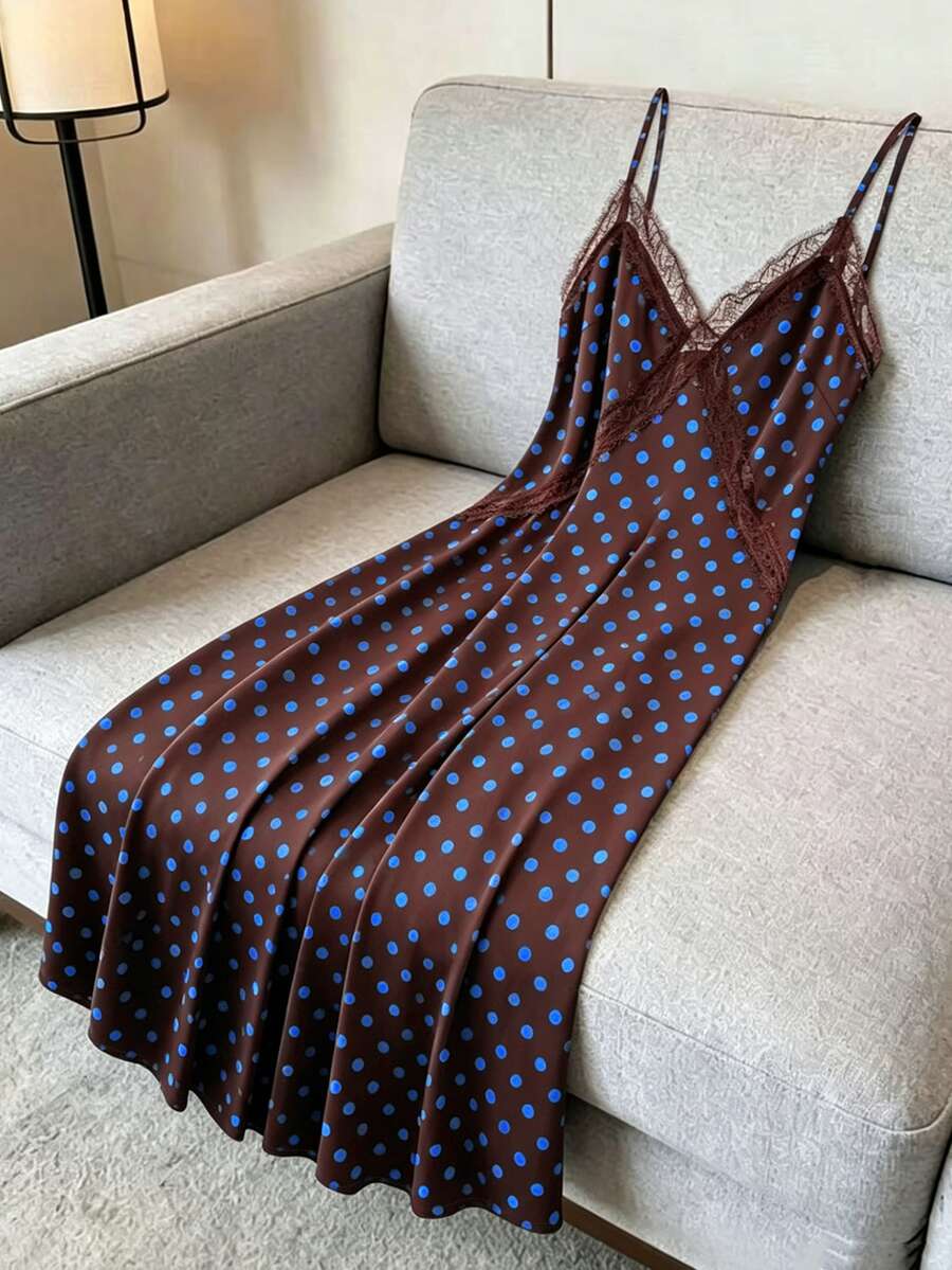 SHEIN LUNE CURVE 大尺碼女款波點編織優雅夏日海灘風掛脖洋裝 - 棕色 - 查看 1