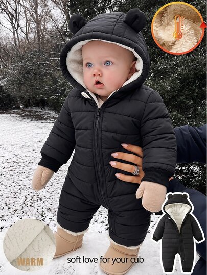 SHEIN Pelele con capucha con orejas de oso de forro polar para bebé niño, bebé y niño pequeño de 0 a 3 años, casual y versátil, cálido para el invierno y actividades al aire libre