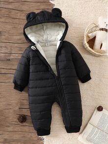 SHEIN Vintaside Kids 男婴幼儿 0-3 岁休闲日常百搭保暖内衬法兰绒毛茸茸熊耳朵连帽连体衣，冬季户外保暖 - 黑色 - 查看 8