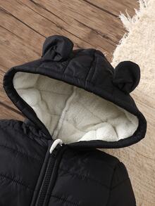 SHEIN Vintaside Kids 男婴幼儿 0-3 岁休闲日常百搭保暖内衬法兰绒毛茸茸熊耳朵连帽连体衣，冬季户外保暖 - 黑色 - 查看 4