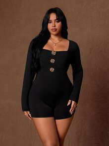 Rustia Jumpsuit Unitard Plus dengan Detail Kancing Leher Persegi untuk Pesta Malam Musim Gugur, Warna Hitam Elegan dan Seksi - Hitam - View 6