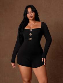 Rustia Jumpsuit Unitard Plus dengan Detail Kancing Leher Persegi untuk Pesta Malam Musim Gugur, Warna Hitam Elegan dan Seksi - Hitam - View 5