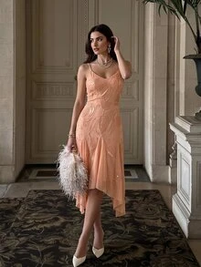 Enchnt 高級女款初夏浪漫優雅桃色亮片珠飾刺繡修身禮服，奢華晚宴婚禮約會週年紀念生日派對洋裝 - 粉色 - 查看 2