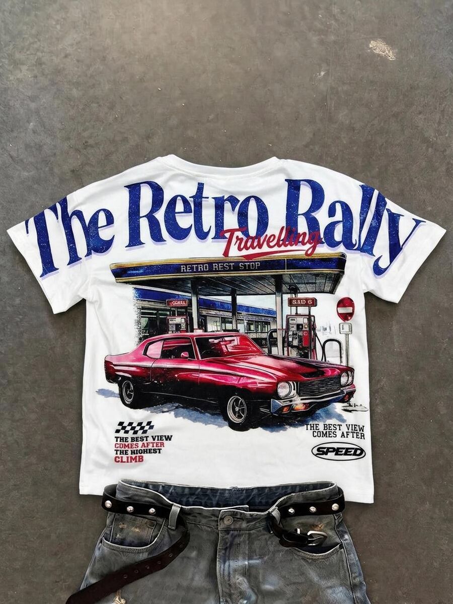 Tween Boy Casual Comfortable Fashion Minimalist Crew Neck Short Sleeve T-Shirt, Classic Retro Racing Gas Station Graphic Print, Classic Streetwear Retro Text Graphic Print, Back Graphic Print, Suitable For Y2K - Multicolor - View 1
