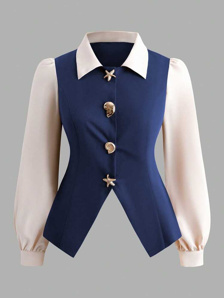 GlowEve CURVE Plus Size Women Summer 2-Piece Set:Elegant Navy Blue Long Sleeve 2 In 1 Top A-Line Skirt Suit,Decorative Buttons,Fall Winter French Style Tea Party S - Navy Blue - View 3