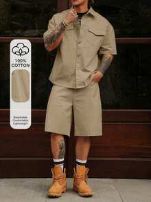DAZY Men's Solid Color Shirt Set, Spring/Summer Workwear Short Sleeve Shirt & Shorts 2-Piece Set - Khaki - View 6