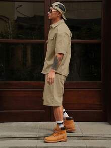 DAZY Men's Solid Color Shirt Set, Spring/Summer Workwear Short Sleeve Shirt & Shorts 2-Piece Set - Khaki - View 2