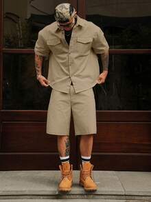 DAZY Men's Solid Color Shirt Set, Spring/Summer Workwear Short Sleeve Shirt & Shorts 2-Piece Set - Khaki - View 7