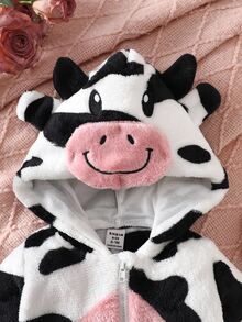 SHEIN Playful Pals 女嬰奶牛設計帽裝毛茸茸連身服 - 白色 - 查看 5