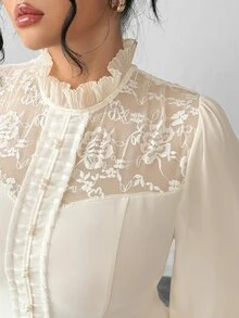 Elenzga 大码女式新款优雅蕾丝拼接泡泡袖立领收腰A字连衣裙 - 杏色 - 查看 7