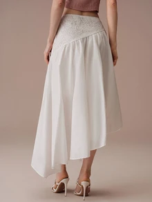 BELROSIE Lace Patchwork Design Asymmetrical Hem Bohemian Vacation Style Midi Skirt - White - View 2