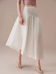 BELROSIE Lace Patchwork Design Asymmetrical Hem Bohemian Vacation Style Midi Skirt - White - View 4