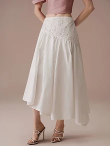 BELROSIE Lace Patchwork Design Asymmetrical Hem Bohemian Vacation Style Midi Skirt - White - View 1
