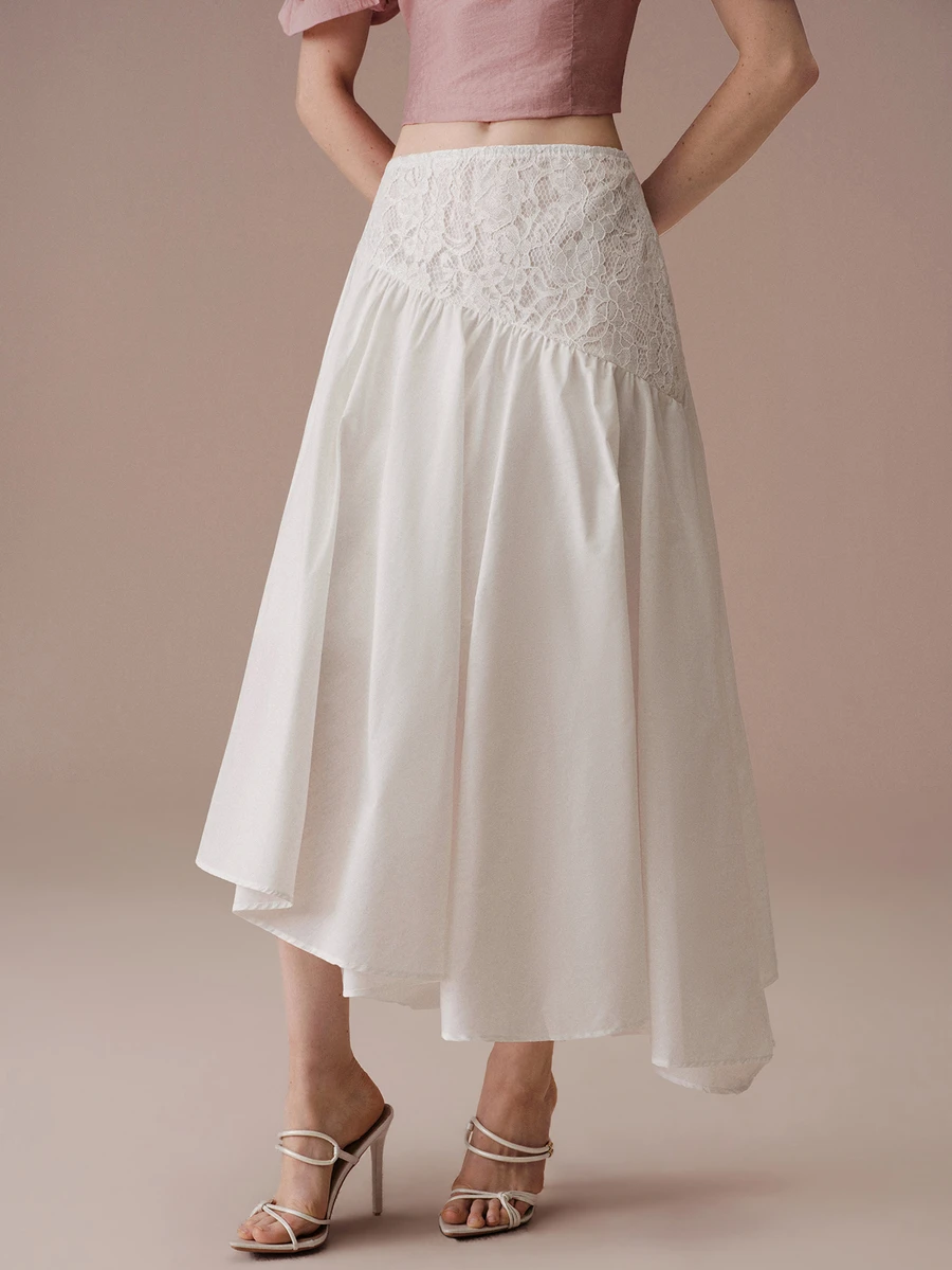 BELROSIE Lace Patchwork Design Asymmetrical Hem Bohemian Vacation Style Midi Skirt - White - View 1